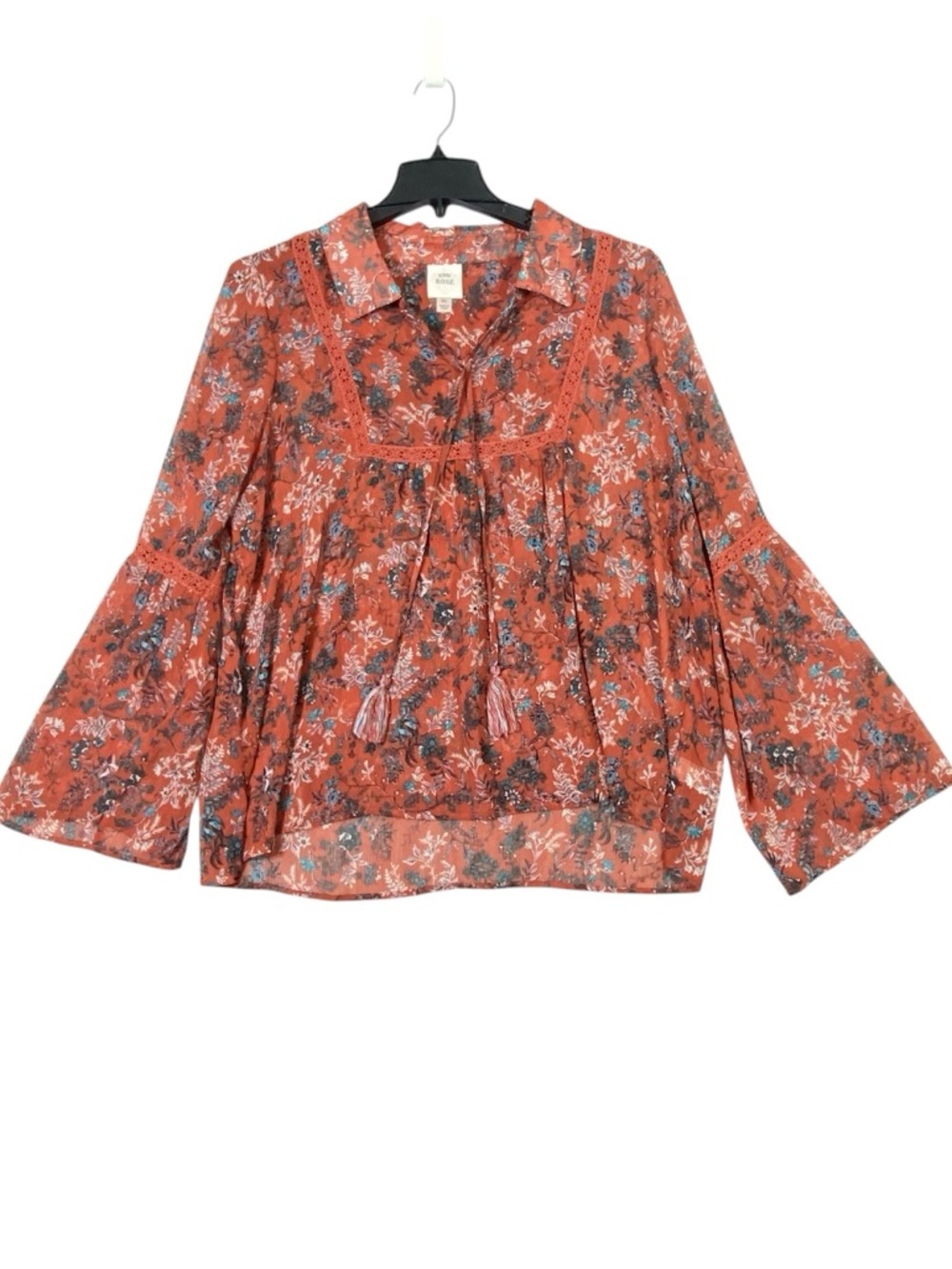 Knox Rose Boho Peasant Floral Blouse Women's XL Rust Red Bell Sleeve Cottagecore